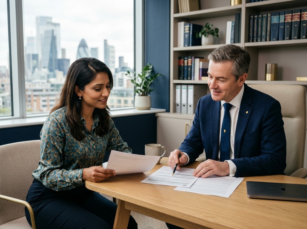 Visa Management consultation — advisers reviewing documents together in a modern office